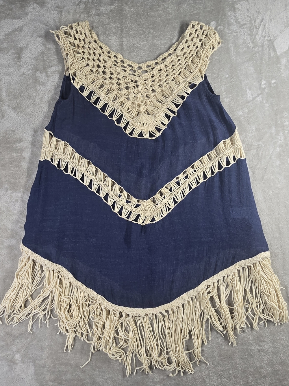 Umgee USA Boho Crochet Fringe Tunic Top Navy Cream Small - Picture 2 of 11